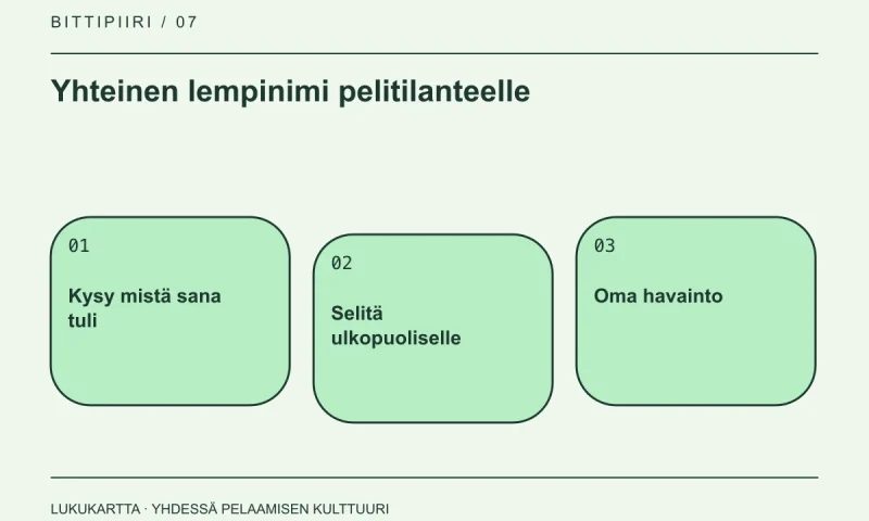 Lukukartta: Yhteinen lempinimi pelitilanteelle. Kysy mistä sana tuli, Selitä ulkopuoliselle, Oma havainto.